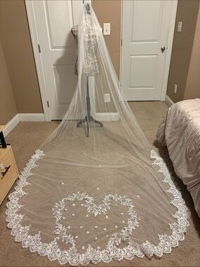 Elegant Lace-Edged Bridal Veil with Heart Motif - White